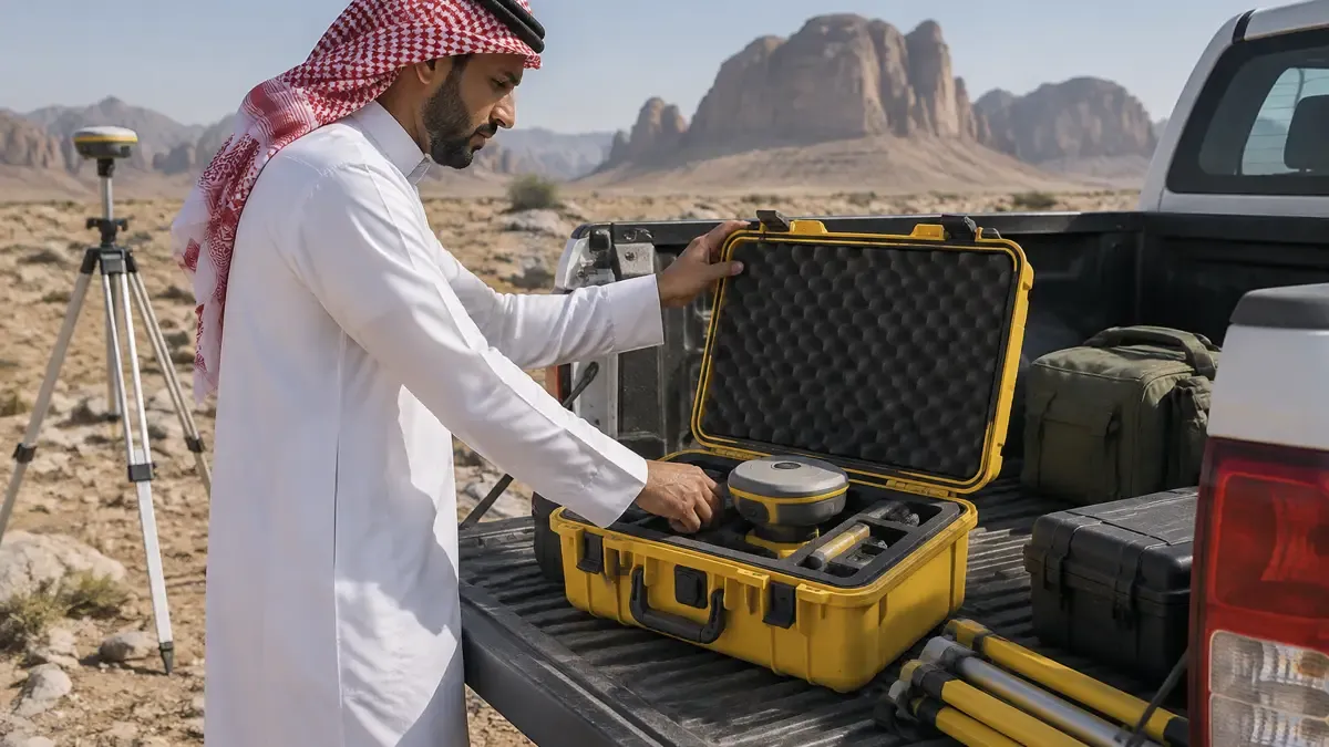 عمال يثبتون أوتاد حدود في موقع أرض قبل البدء