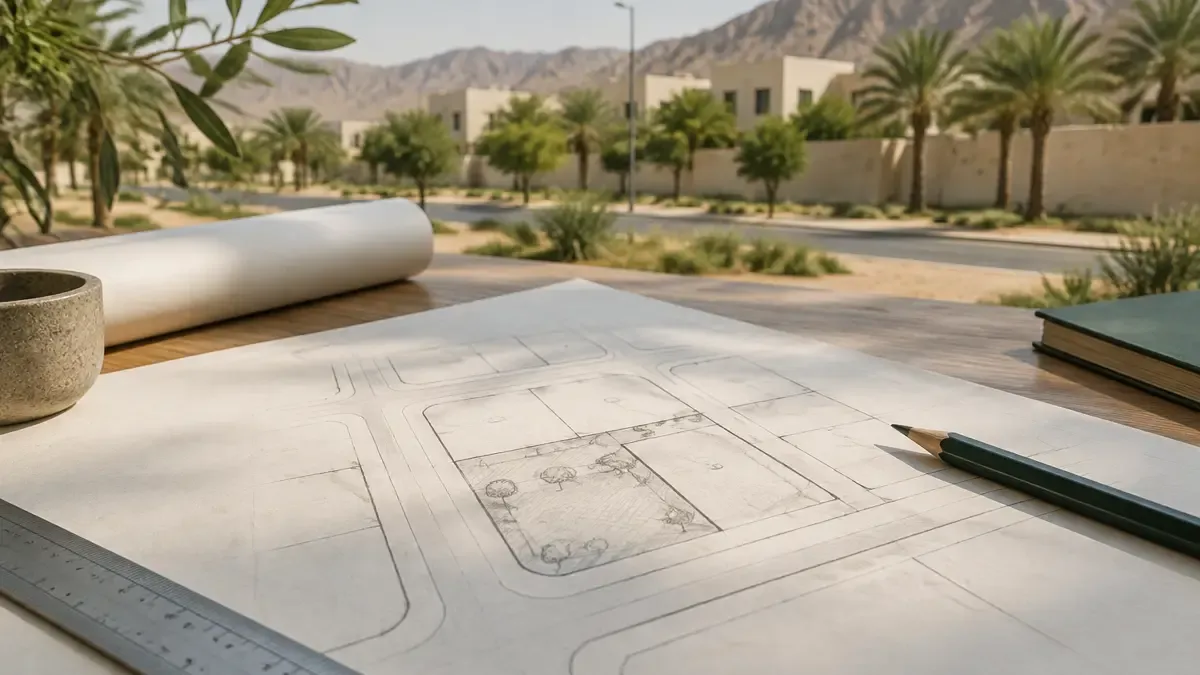 رسم كروكي يدوي لقطعة أرض سكنية والشوارع المحيطة