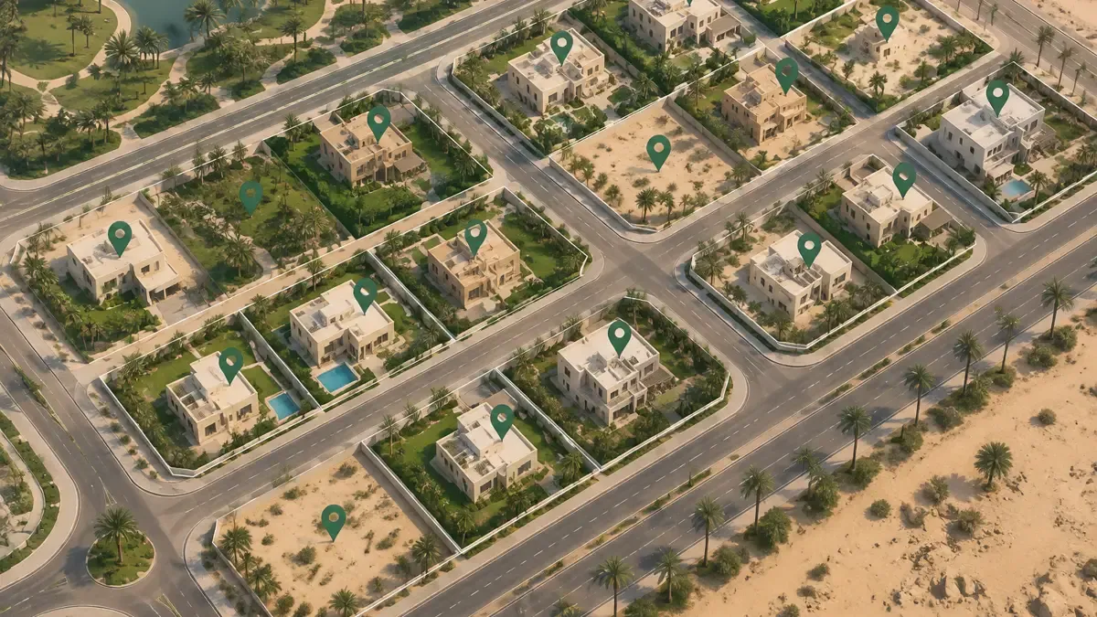خريطة رقمية مبسطة بطبقات مضلعات خضراء تمثل قطع أراضٍ
