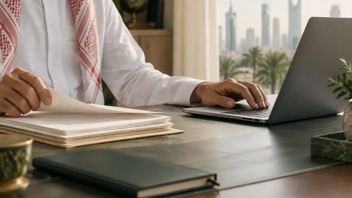 مهندس أمام شاشة حاسب تعرض مخططًا رقميًا لموقع سكني