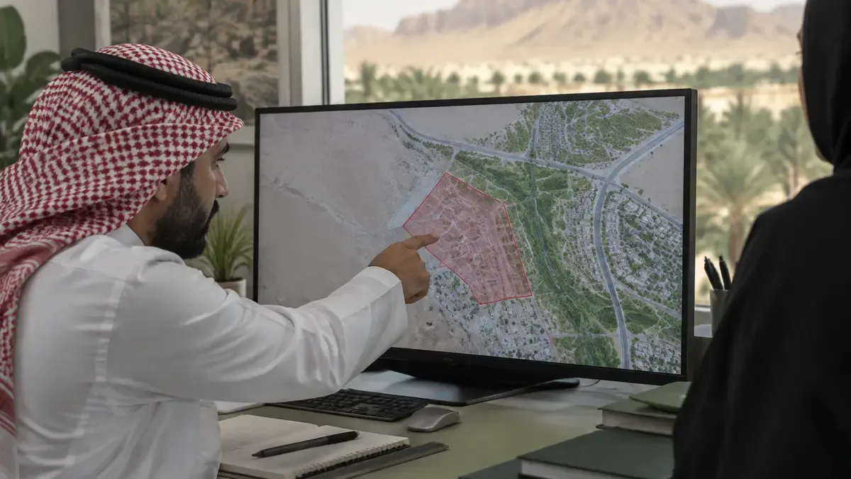 مهندس ومالك عقار يناقشان مخططًا مطبوعًا على طاولة مكتب