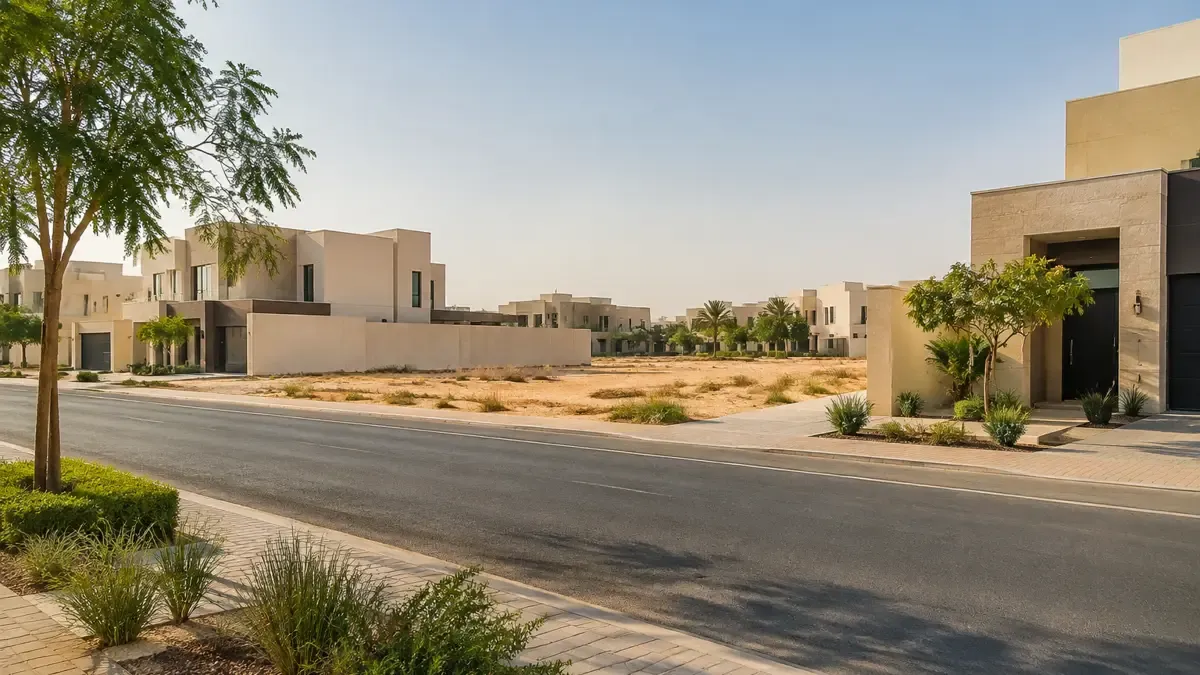 رسم كروكي بالقلم لقطعة أرض سكنية تحيط بها الشوارع والمنازل