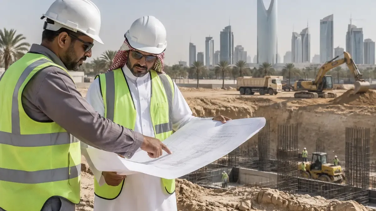 مهندس يراجع مخطط موقع رقمي على شاشة حاسب في مكتب هندسي