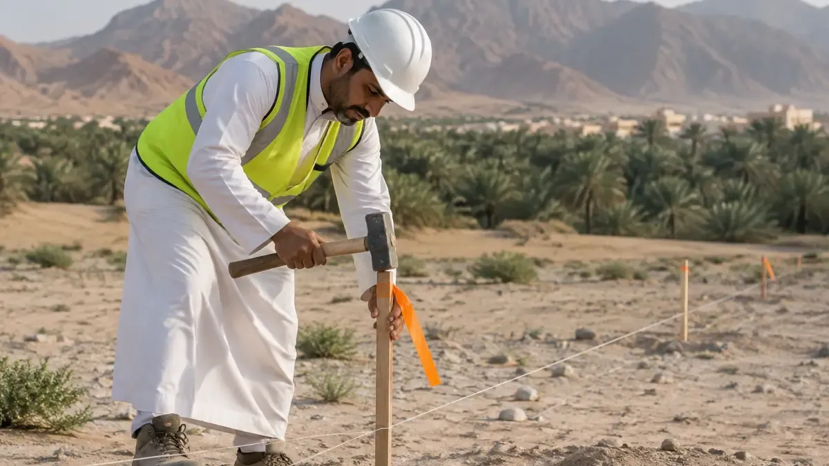 عمال في موقع إنشاء بالرياض يثبتون أوتادًا وخيوطًا لتحديد حدود الحفر