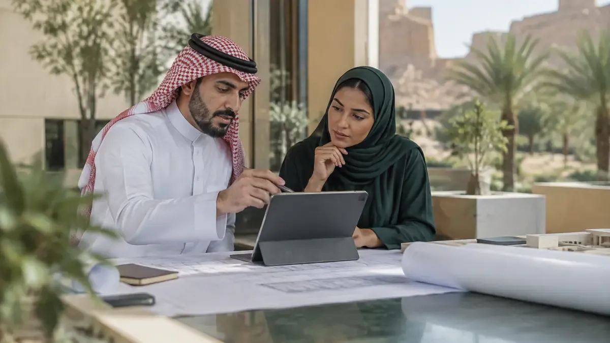 مالك عقار ومهندس يراجعان مخططًا وجهازًا لوحيًا
