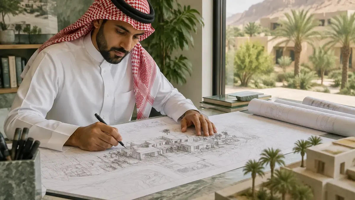 مساح يستخدم جهاز محطة شاملة على أرض سكنية فارغة في الرياض