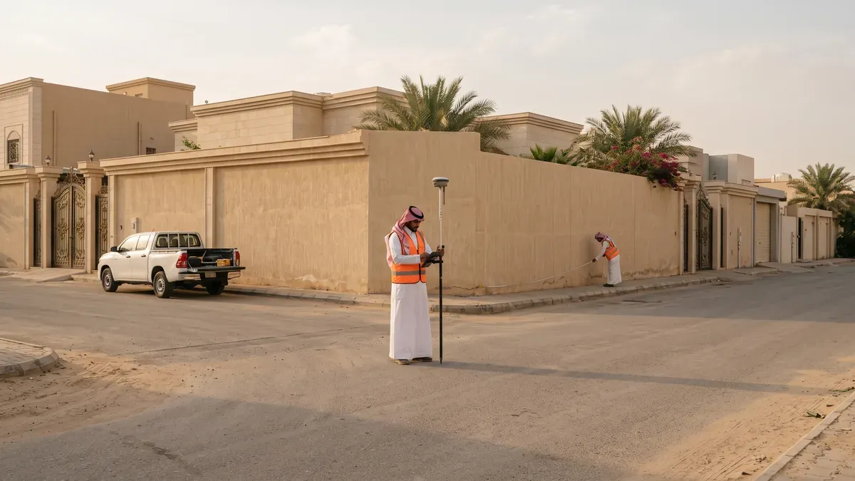 مساح يقف بعمود جهاز تحديد المواقع عند ركن أرض مسورة وزميله يمد شريط القياس على امتداد السور نحو القطعة المجاورة في حي سكني بالرياض