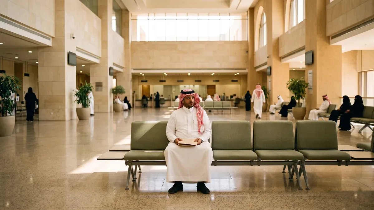مالك عقار سعودي ينتظر في قاعة خدمات هادئة وبيده ملف مغلق