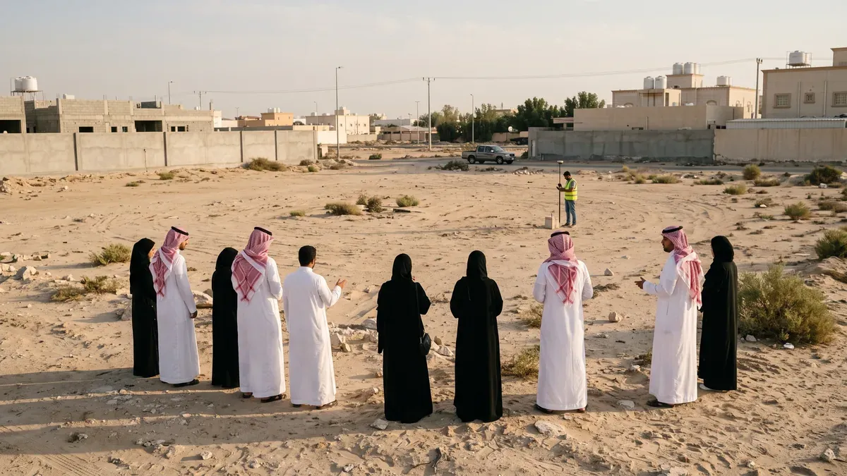 ورثة يقفون عند طرف أرض فضاء بينما يثبت مساح جهاز الرصد عند علامة ركن القطعة