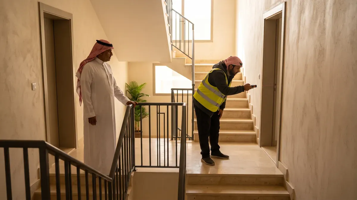 مساح يقيس درج العمارة المشترك بجهاز قياس ليزري بحضور مالك المبنى في الرياض