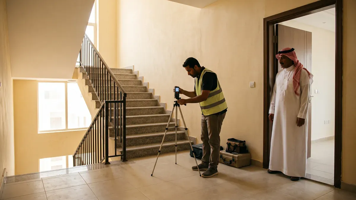 مساح يقيس بيت الدرج في عمارة سكنية بجهاز قياس ليزري بينما يتابعه مالك العمارة من باب شقة فارغة
