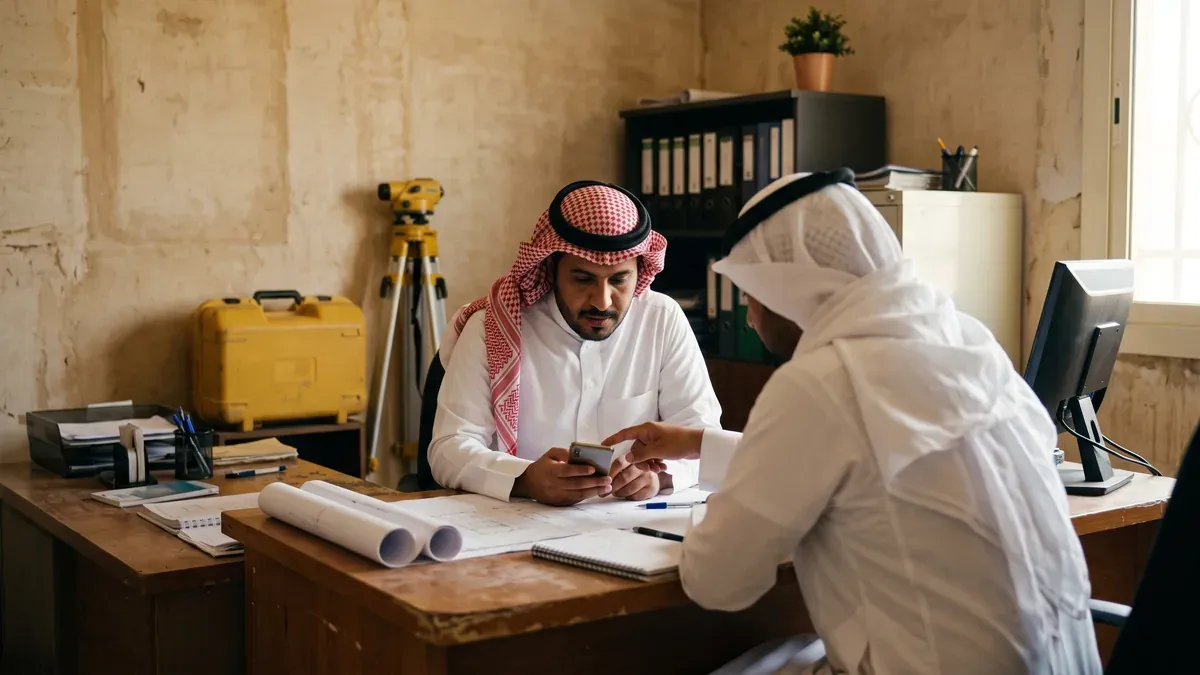 مالك عقار يجلس مع مهندس في مكتب هندسي ويراجعان طلبًا على الجوال وبجانبهما حقيبة جهاز مساحة وحامل ثلاثي