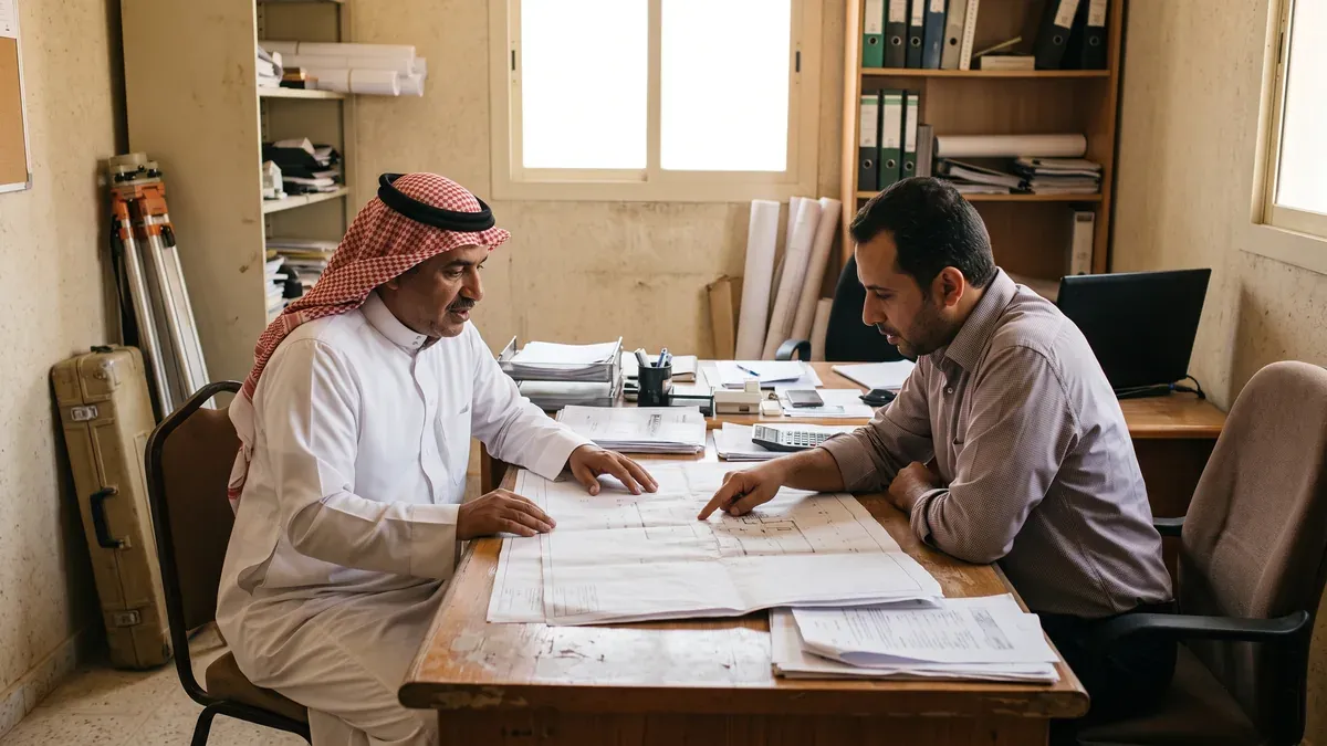 مالك عقار يناقش مع مهندس أوراق مخطط على مكتب في مكتب هندسي بالرياض، وبجوار الجدار حقيبة حامل جهاز مساحة