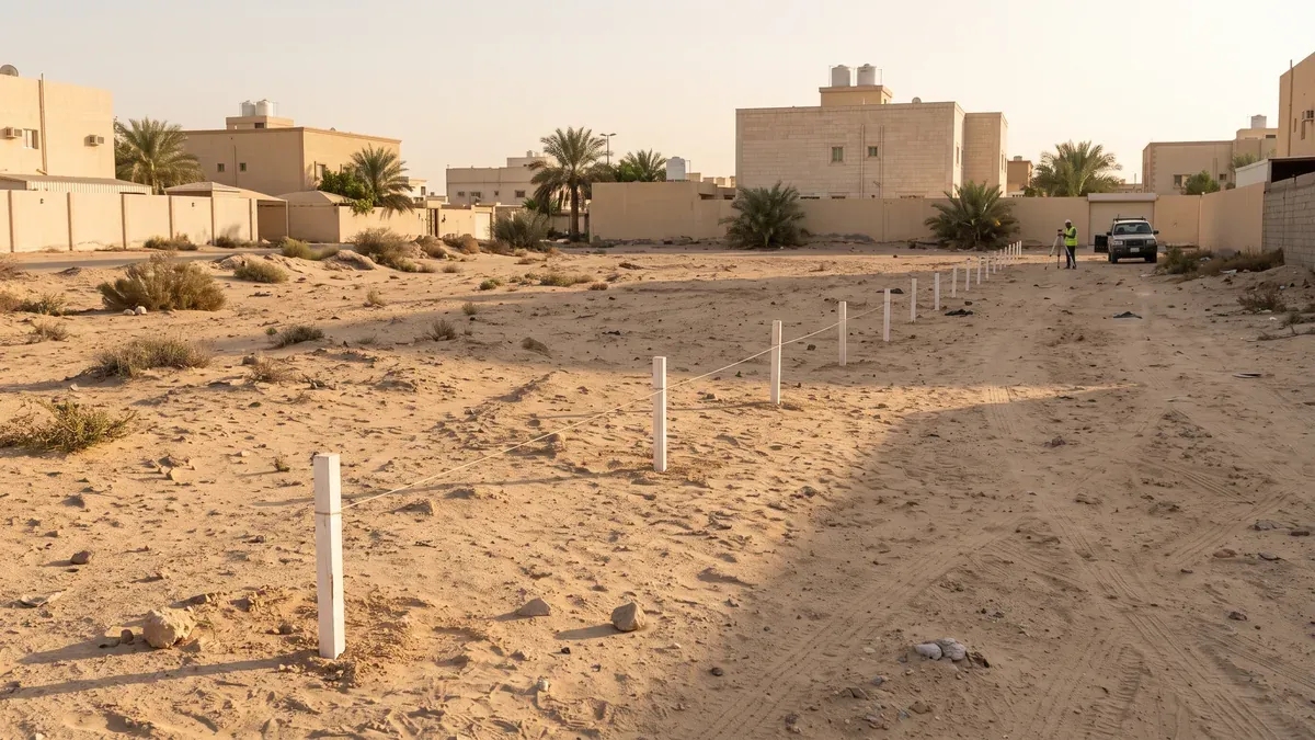 خط مستقيم من أوتاد المساحة يقسم أرضًا سكنية فضاء إلى قطعتين ومساح يطوي حامل جهازه في الخلفية