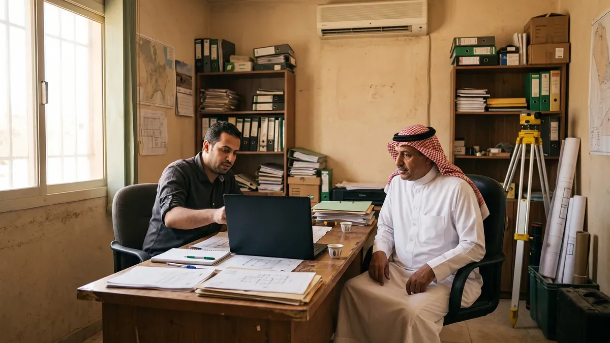 مالك عقار يجلس مع مهندس في مكتب هندسي ببريدة أمام حاسوب محمول وفي الزاوية حامل جهاز مساحة ومخططات ملفوفة