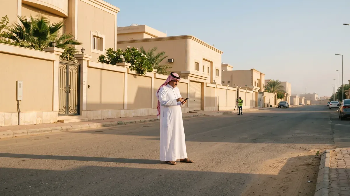مالك عقار يقف في شارع سكني في بريدة ويتحقق من موقع منزله على هاتفه بينما يجهز مساح جهاز الرصد عند زاوية الشارع