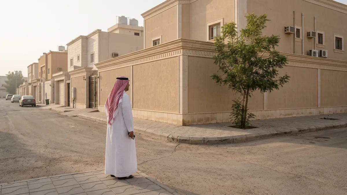 مالك عقار يقف عند ركن سور فيلته في حي سكني بالرياض ويراجع موقع عقاره