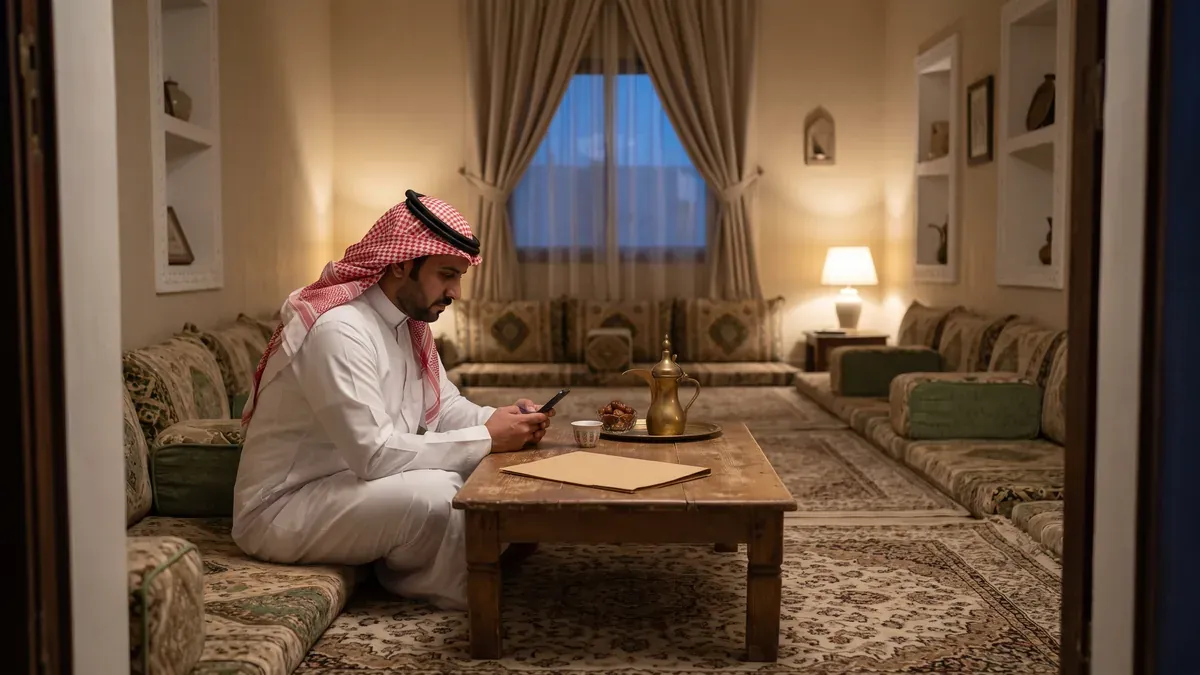 مالك أرض سعودي يجلس في مجلس منزله وأمامه ملف مغلق وفنجان قهوة وهو يراجع هاتفه