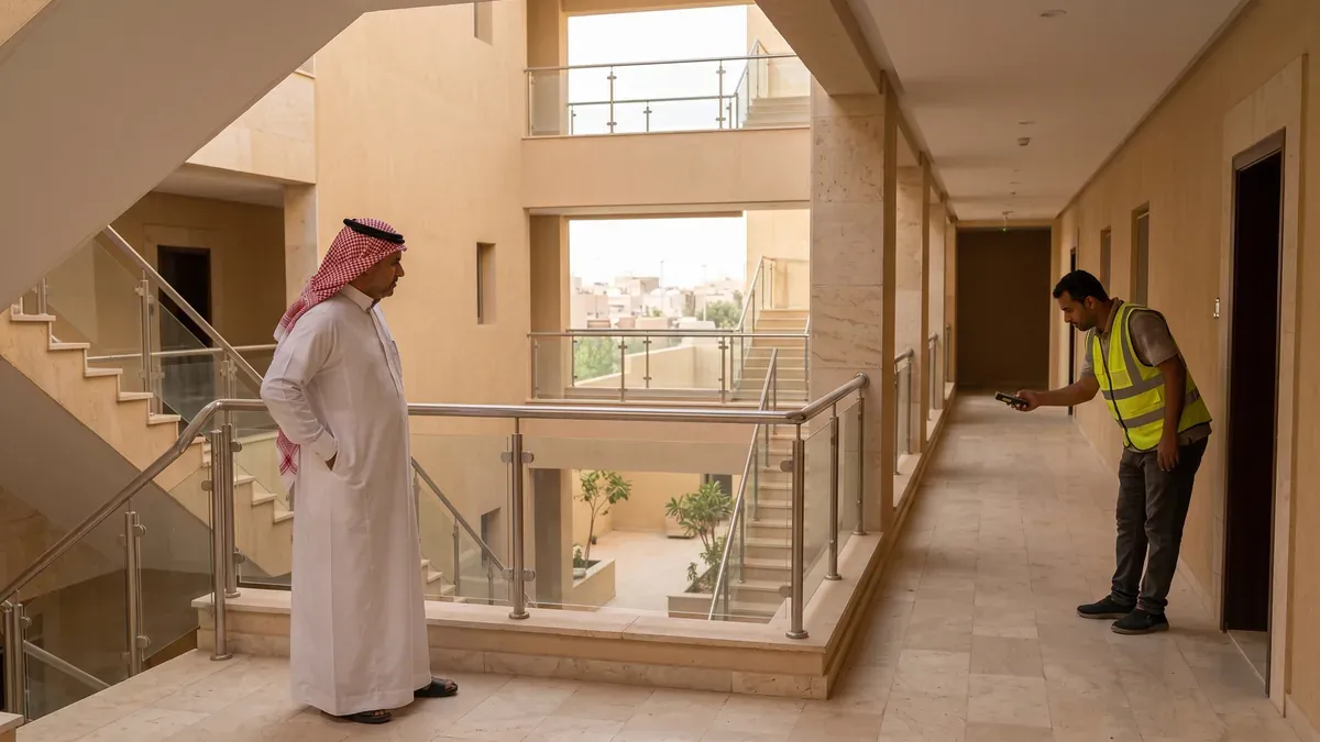 مالك عقار سعودي يتابع مساحًا يقيس ممر عمارة سكنية جديدة بجهاز قياس ليزري