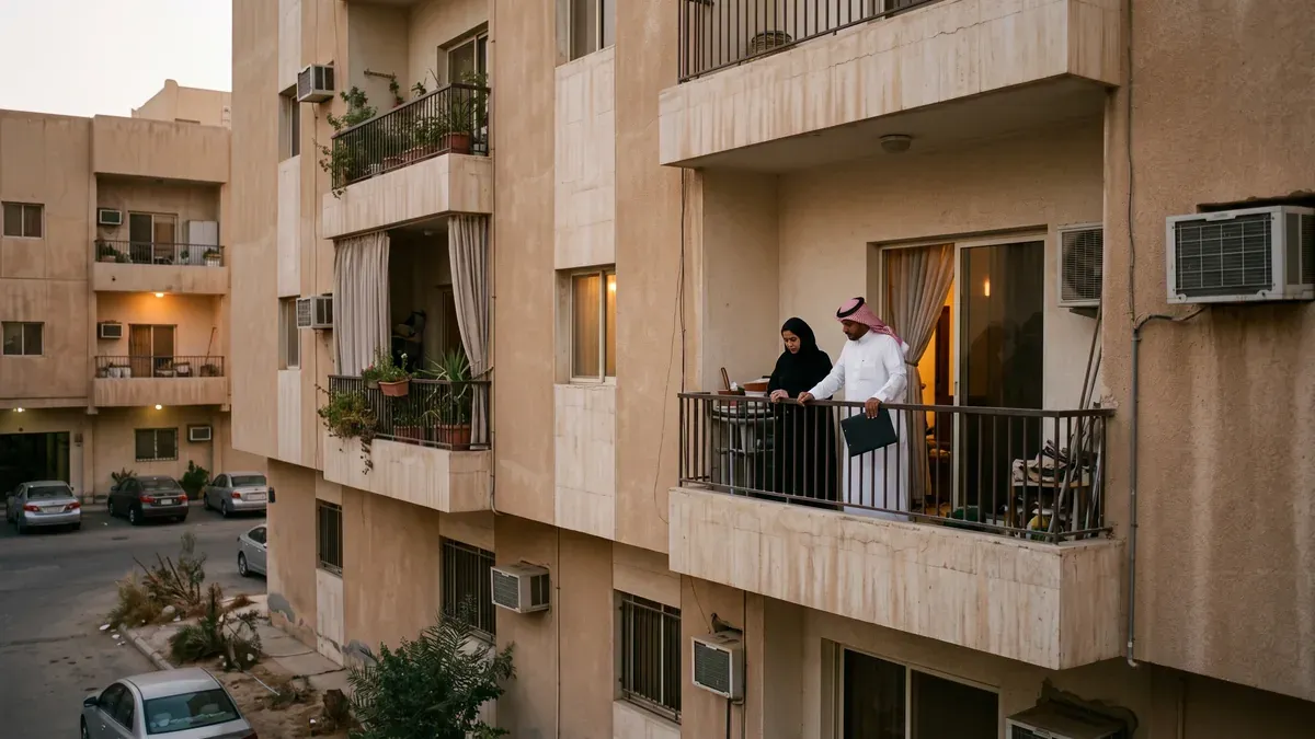 رجل سعودي وزوجته يقفان في شرفة شقتهما في عمارة سكنية بالرياض وقت الغروب ويحمل ملف أوراق مغلقًا
