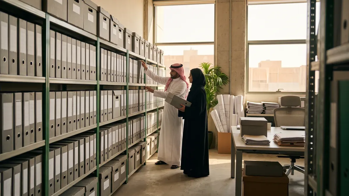 موظفان في شركة تطوير عقاري يرتبان صناديق ملفات مغلقة على رفوف أرشيف الشركة