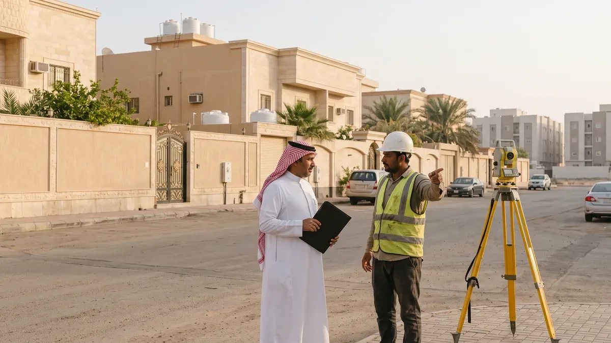 مالك عقار ومساح يقفان عند زاوية شارع في حي سكني بالرياض والمساح يشير إلى الفلل المحيطة بينما يحمل المالك ملفًا مغلقًا