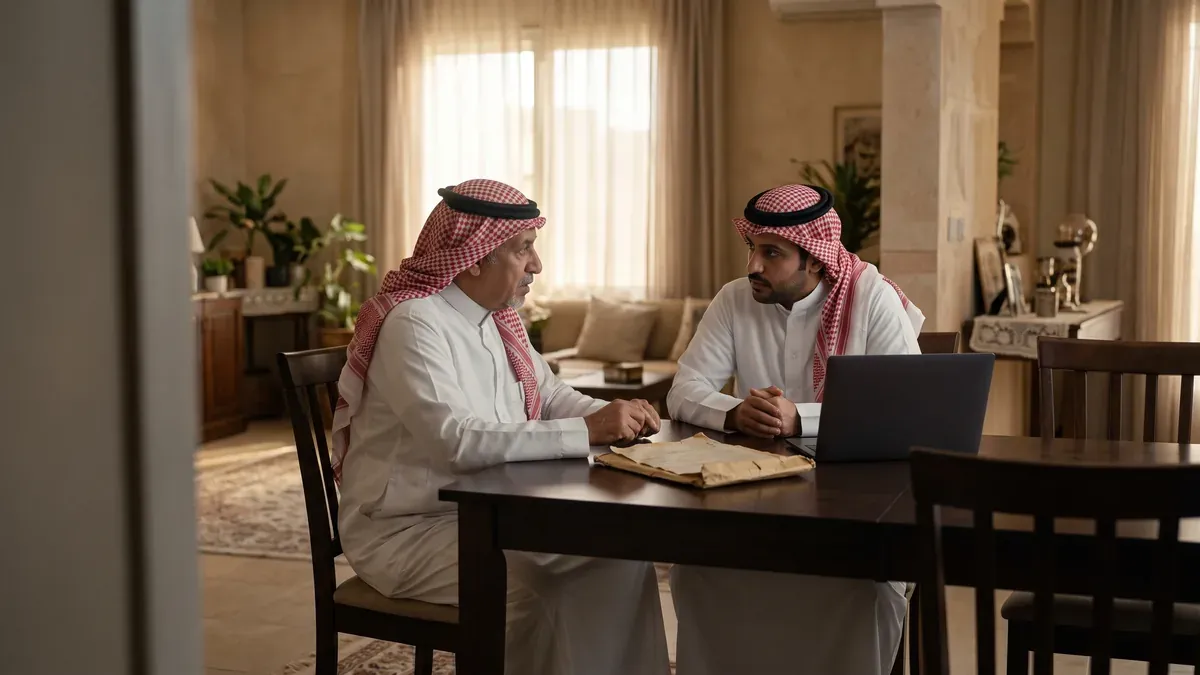 مالك عقار سعودي وابنه يتحدثان في المنزل وبينهما مظروف قديم مغلق فيه صك ورقي