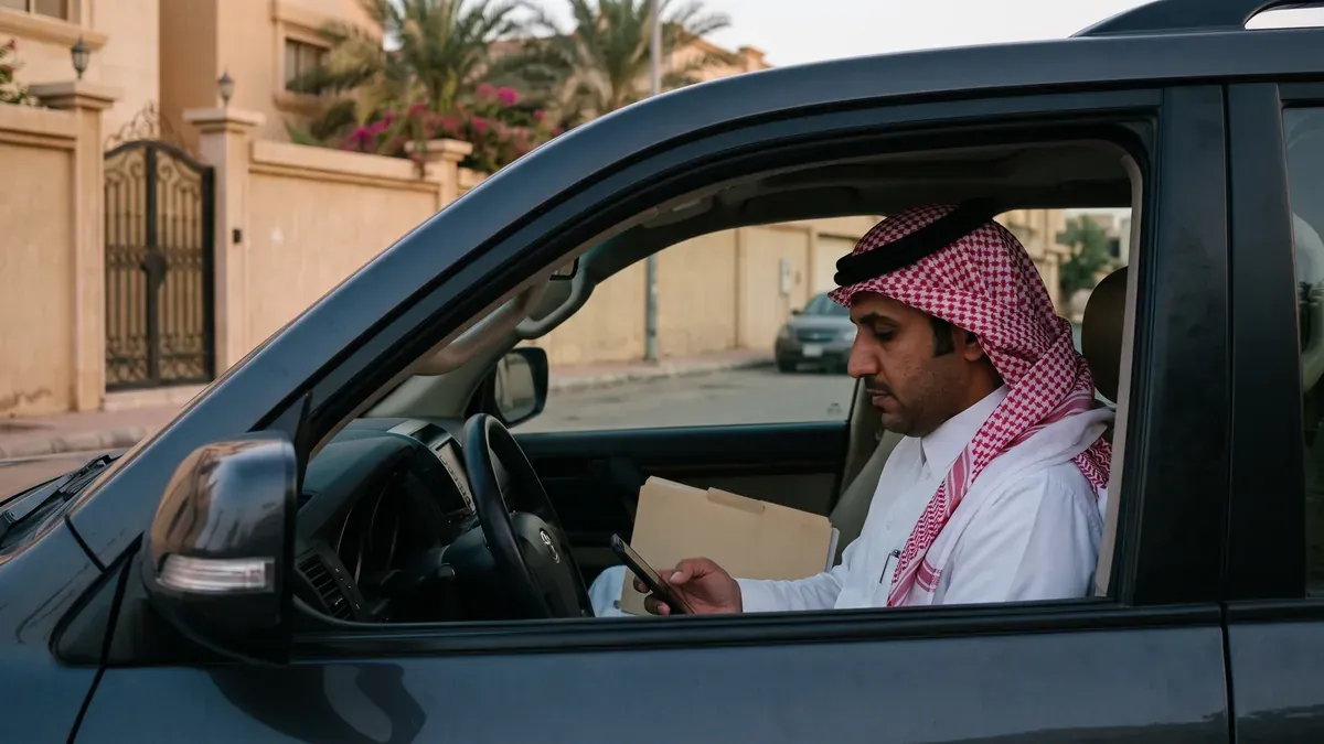 مالك عقار سعودي في سيارته أمام منزله مساءً ينظر إلى هاتفه وبجانبه ملف مغلق