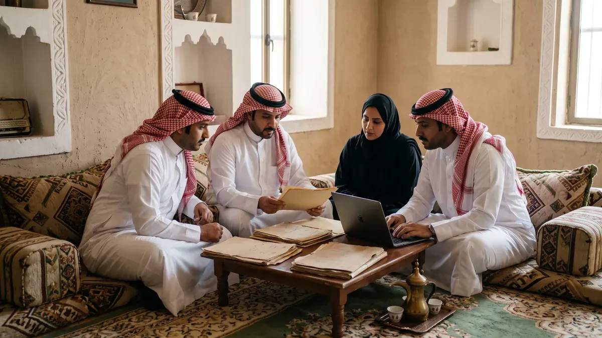 إخوة من الورثة يجلسون في مجلس منزلي حول طاولة عليها ملف أوراق قديمة وحاسوب محمول