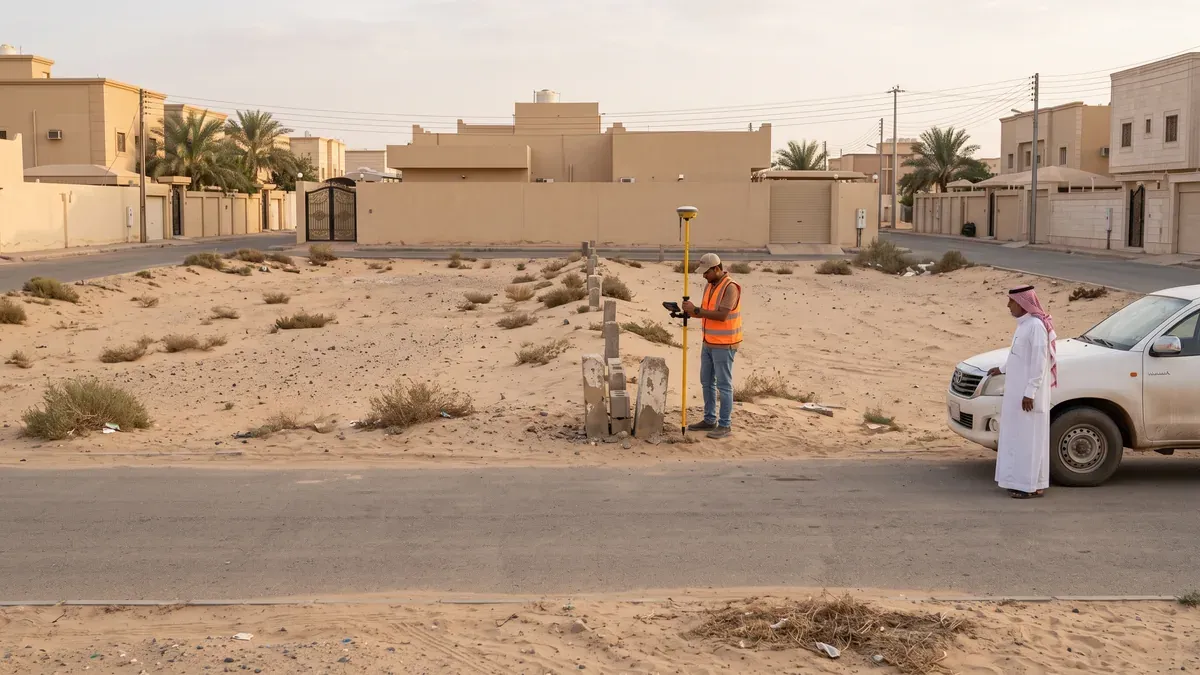 مساح سعودي يضع جهاز تحديد المواقع على الركن المشترك بين قطعتي أرض سكنيتين متجاورتين في بريدة ومالك الأرض يتابع من بجوار سيارته