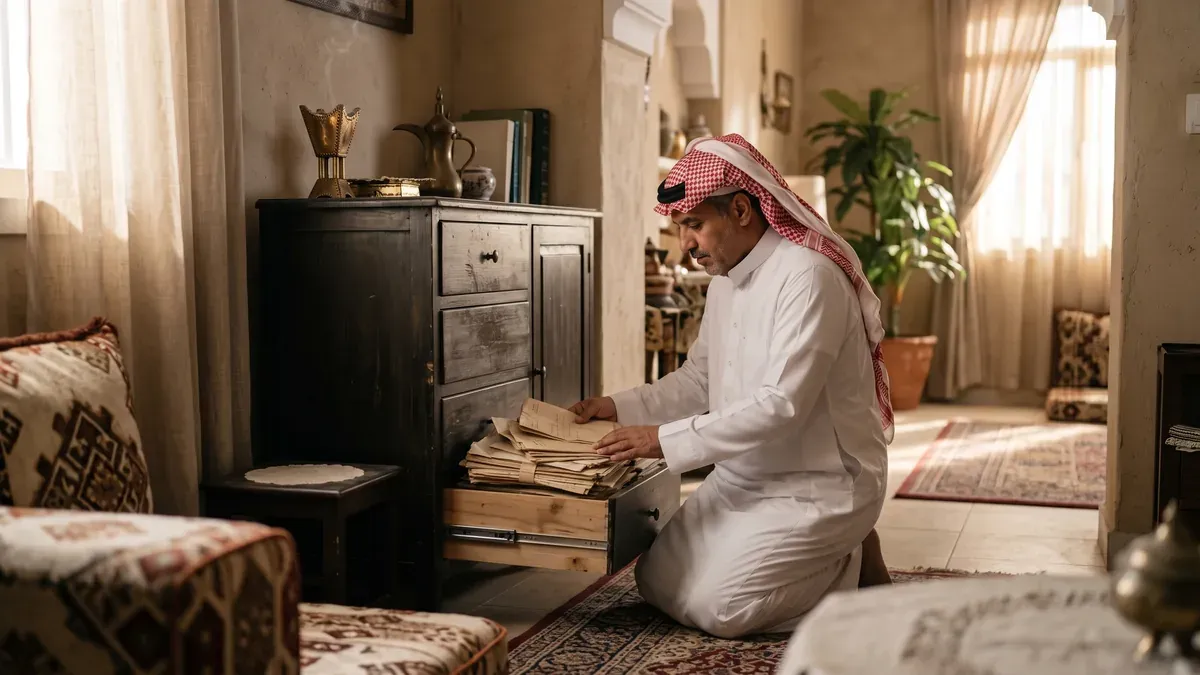 مالك عقار سعودي يبحث بين أوراق قديمة في درج خزانة خشبية في منزله