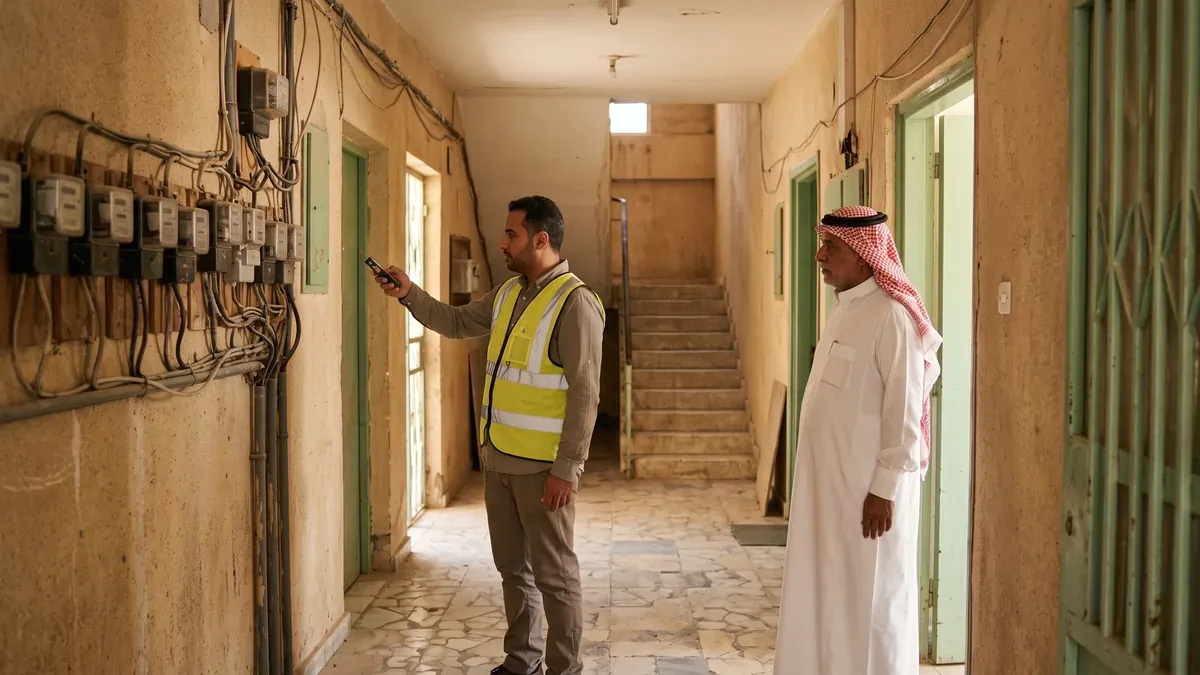 مهندس يقيس ممر عمارة سكنية في الرياض بجهاز قياس ليزري بجوار عدادات كهرباء منفصلة للوحدات بينما يتابع مالك العمارة