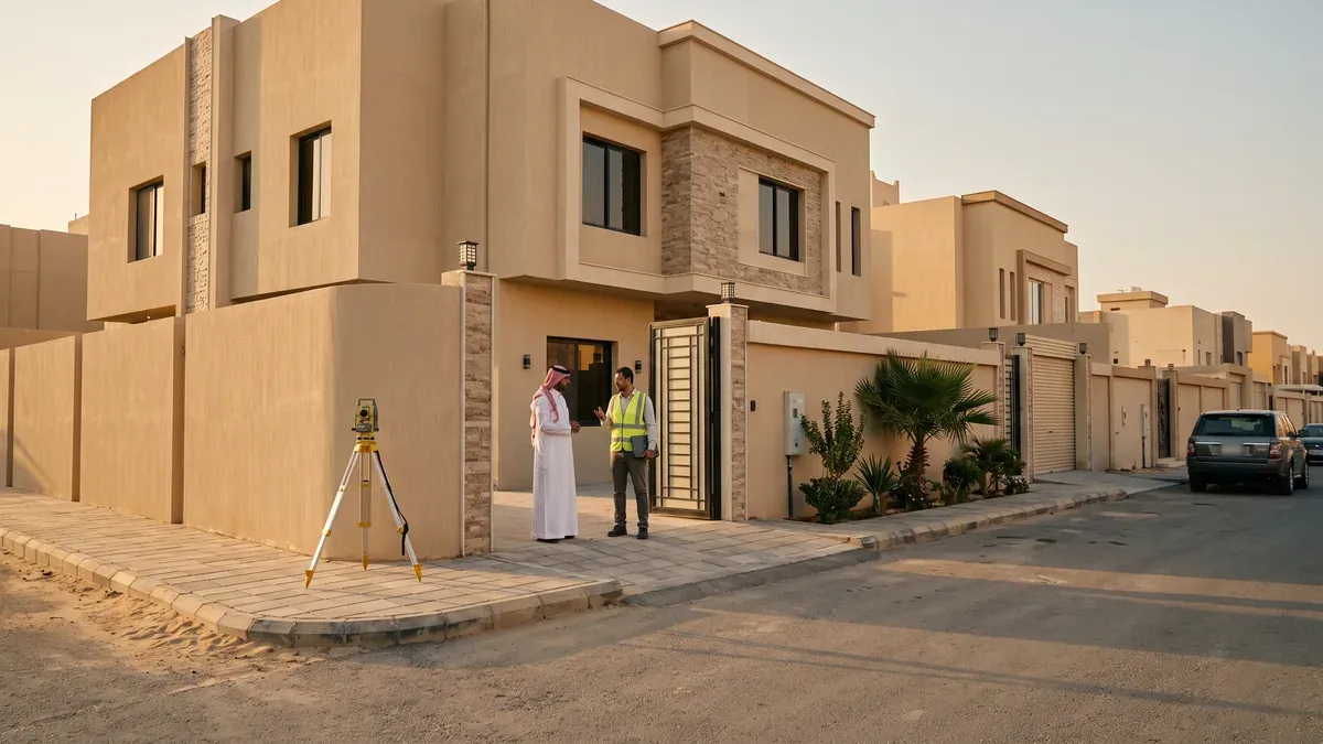 مالك سعودي يقف عند بوابة فيلا مكتملة البناء في حي سكني بالرياض مع مهندس، وجهاز رفع مساحي عند زاوية السور