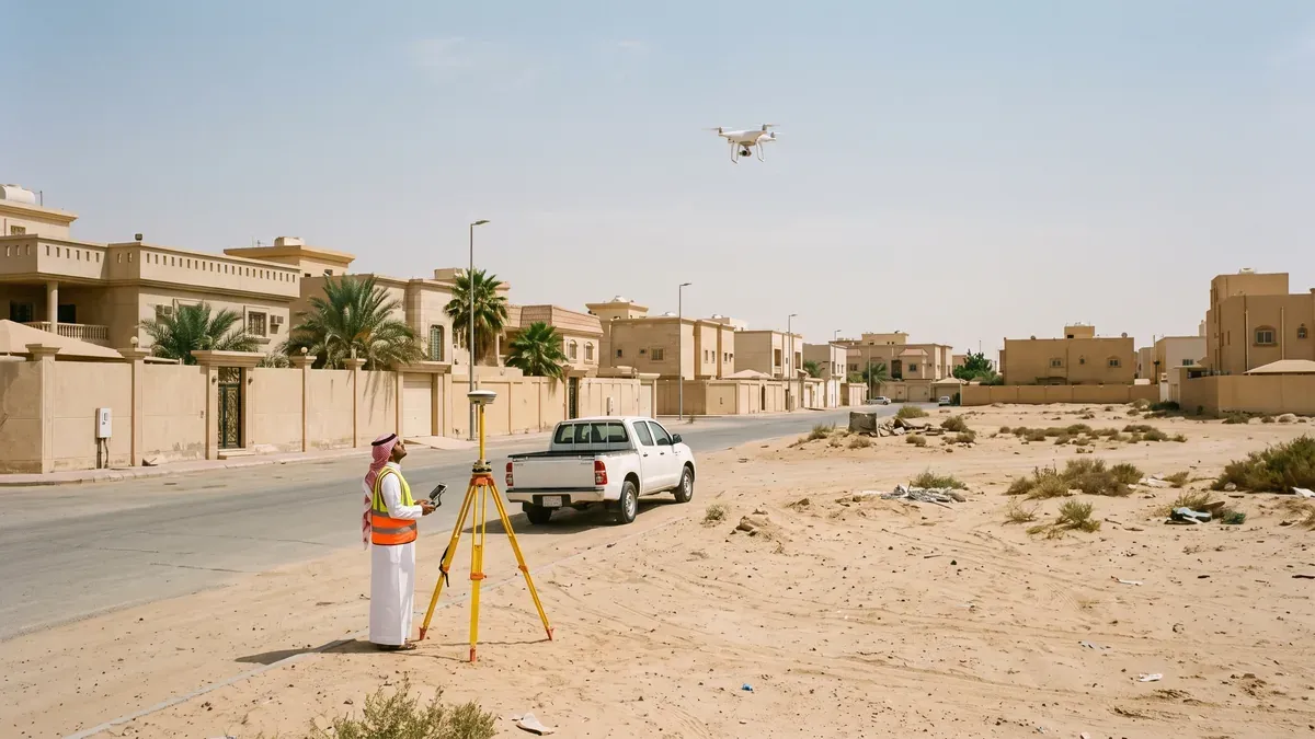 طائرة مسح صغيرة تحلق فوق صف من الفلل والأراضي الفضاء في حي بالرياض بينما يقف مساح سعودي في الشارع بجوار جهاز رصد على حامل ثلاثي