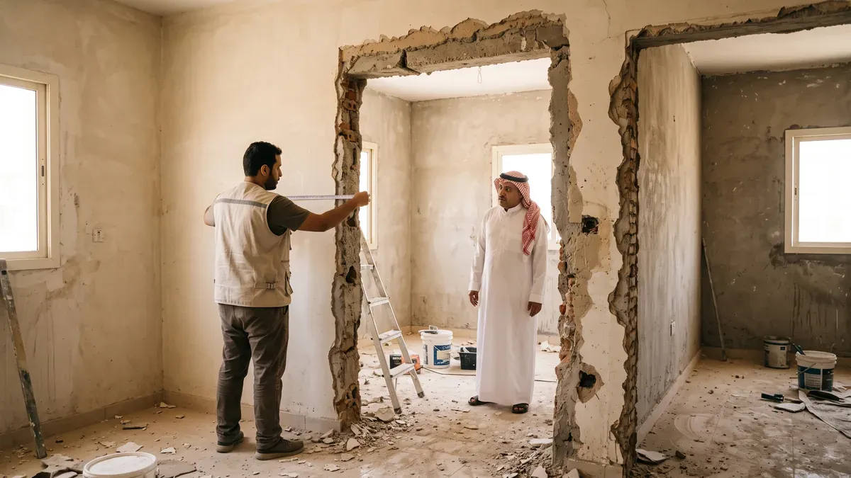مهندس يقيس فتحة باب جديدة في الجدار الفاصل بين شقتين متجاورتين داخل عمارة سكنية في الرياض، ومالك الشقتين ينظر من الشقة الأخرى