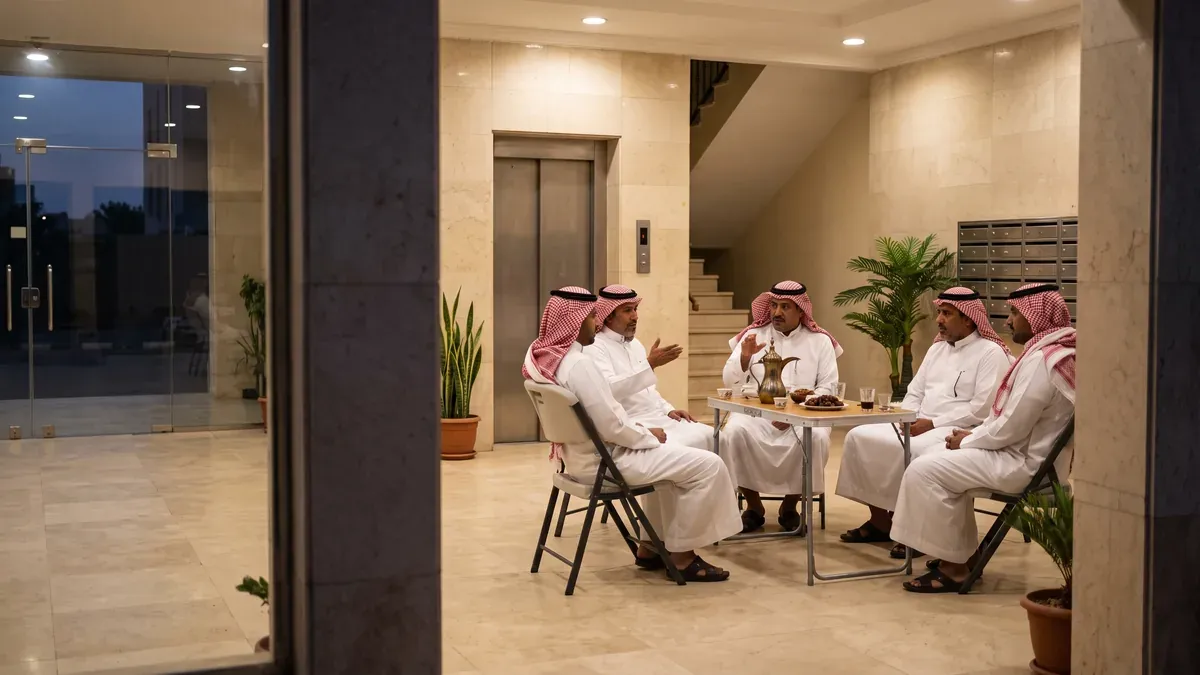 ملاك شقق سعوديون يجتمعون حول طاولة في بهو مدخل عمارة سكنية بالرياض قرب المصعد