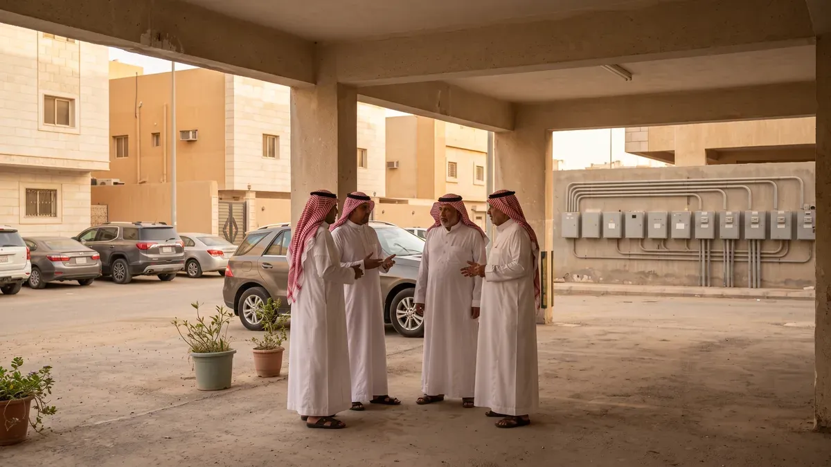 ملاك شقق يتحدثون في موقف السيارات المشترك أسفل عمارة سكنية في الرياض بجوار صف من عدادات الكهرباء