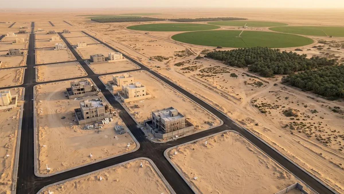 حي سكني جديد تحت الإنشاء بشوارع معبدة يجاور مزارع دائرية وبساتين نخيل في منطقة القصيم