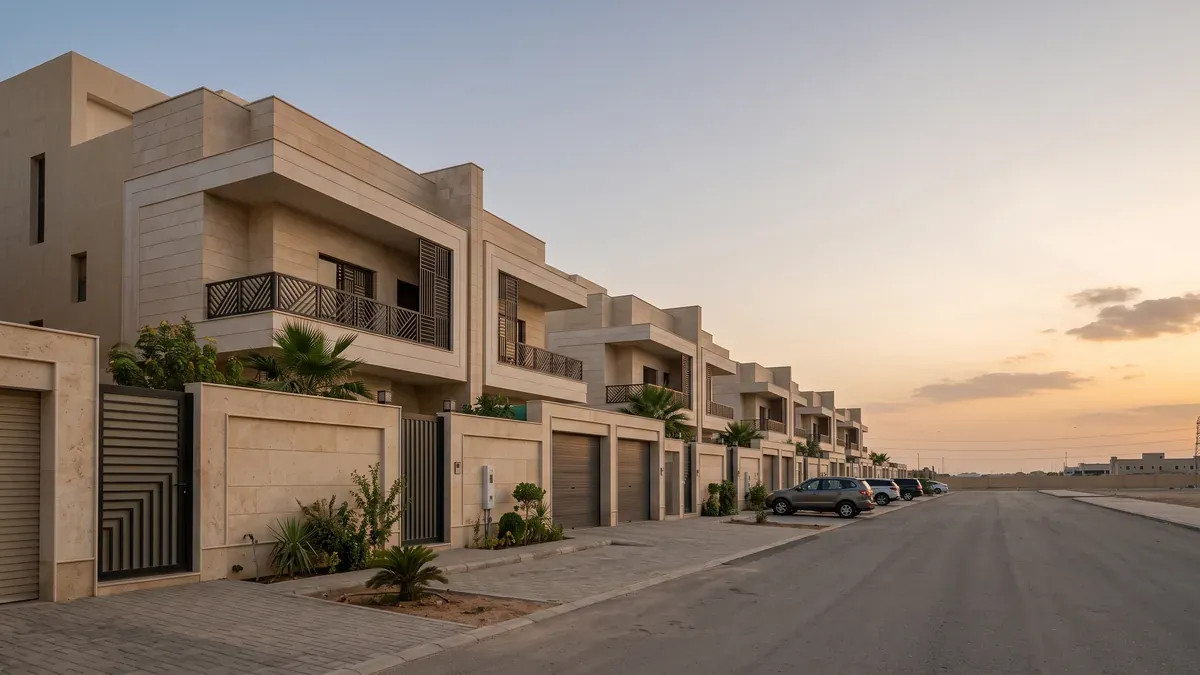 واجهات فلل سكنية متجاورة على شارع في حي سكني