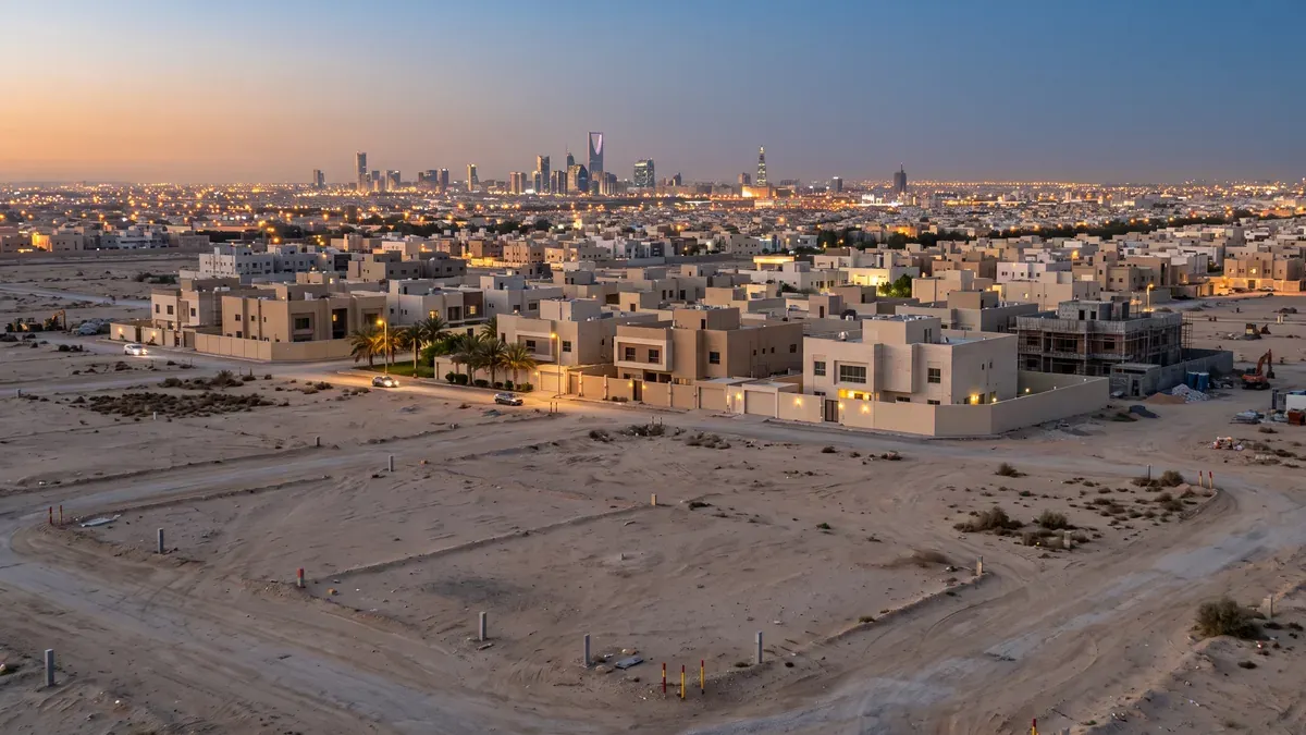 أرض سكنية فضاء في حي جديد بالرياض تحيط بها فلل وتظهر أبراج المدينة في الأفق